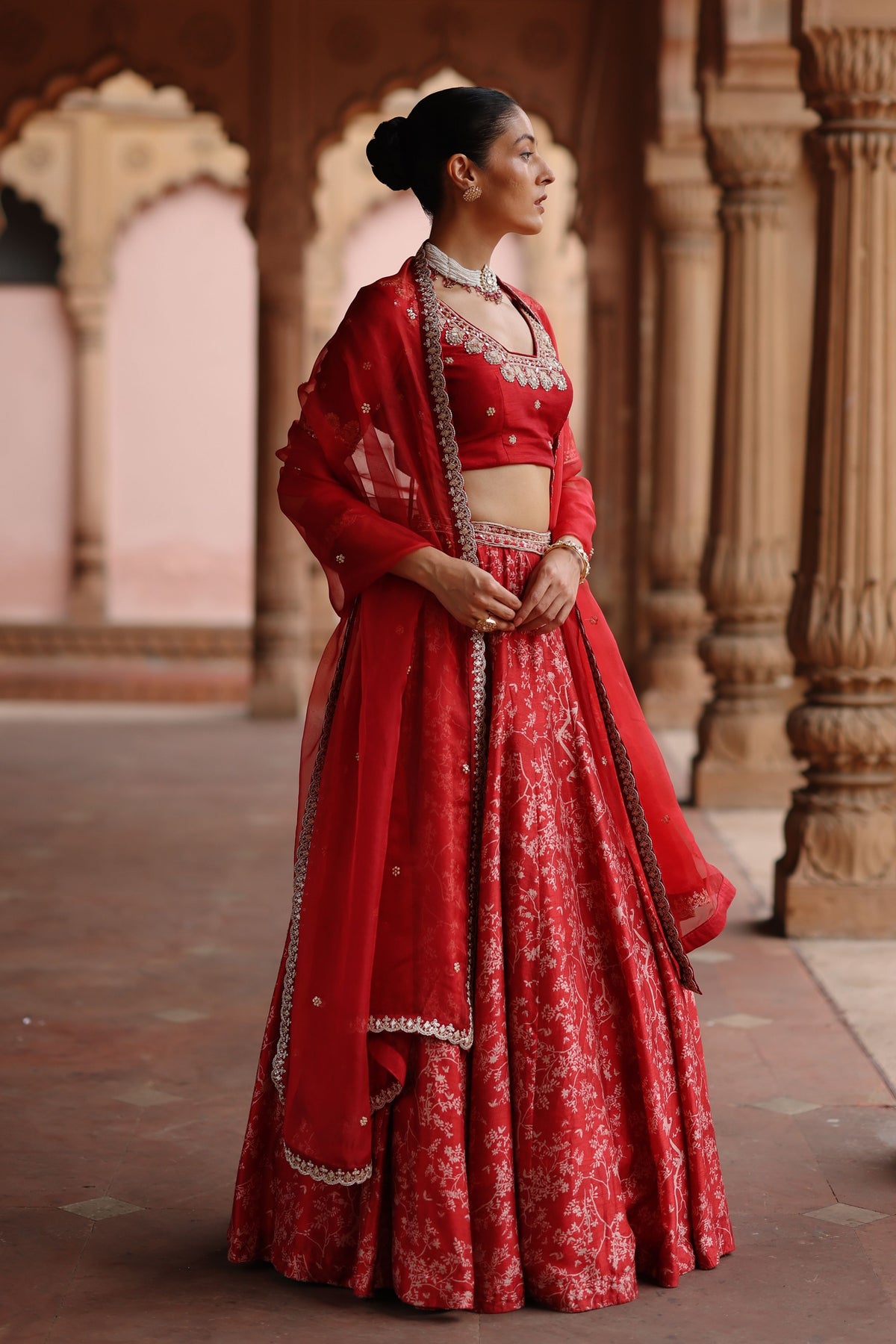 Rose Red Embroidered Lehenga Set