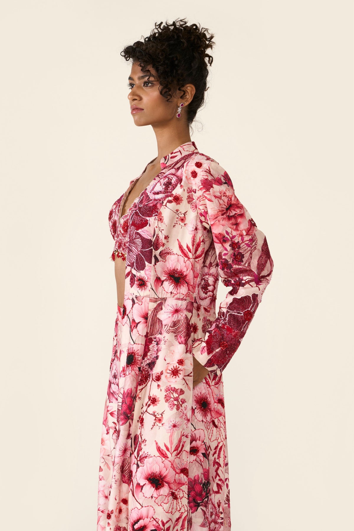 Pink Printed Long Jacket Set