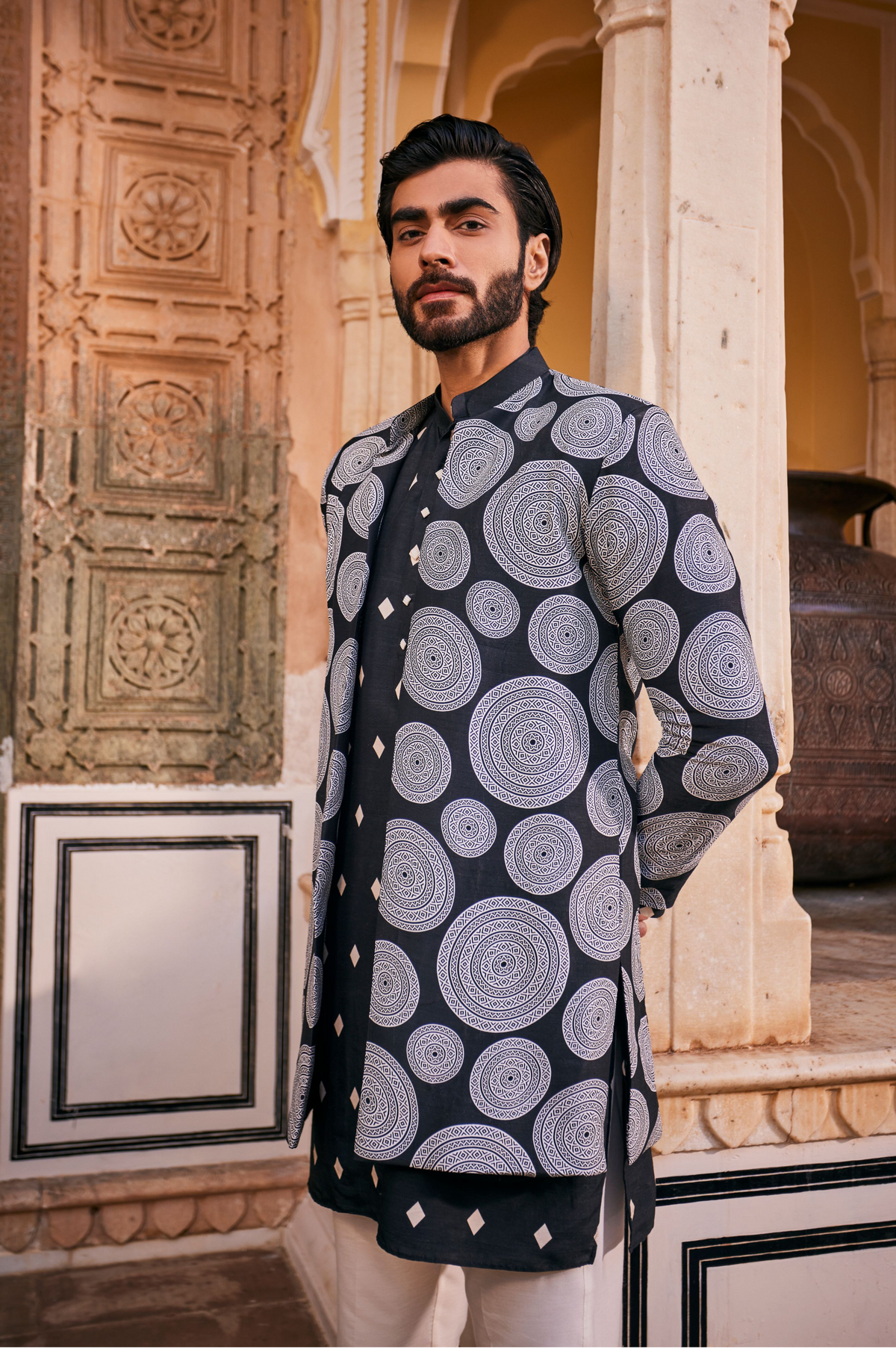 Black Abstract Printed Jacket With Kurta and Pant