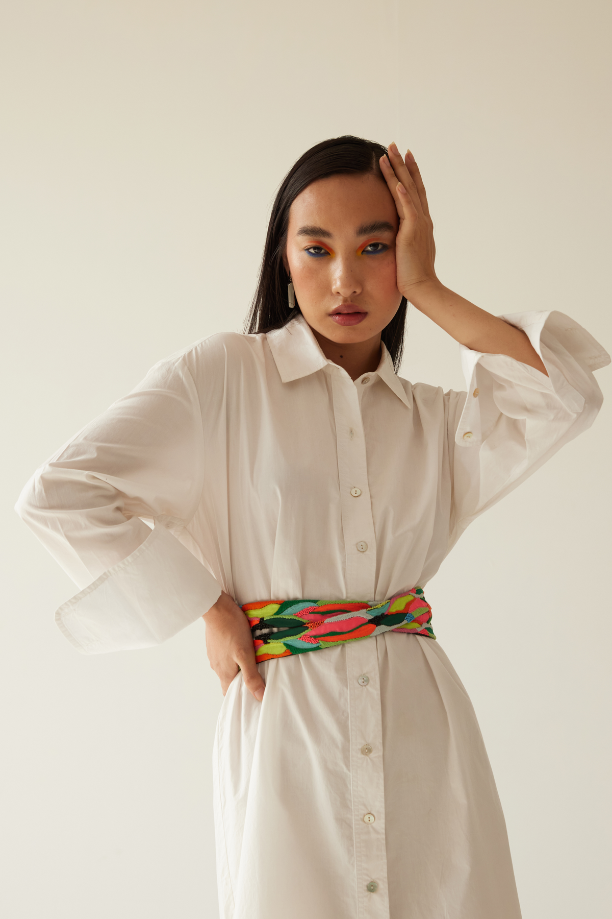 Off White Shirt Dress With Paint Stain Belt