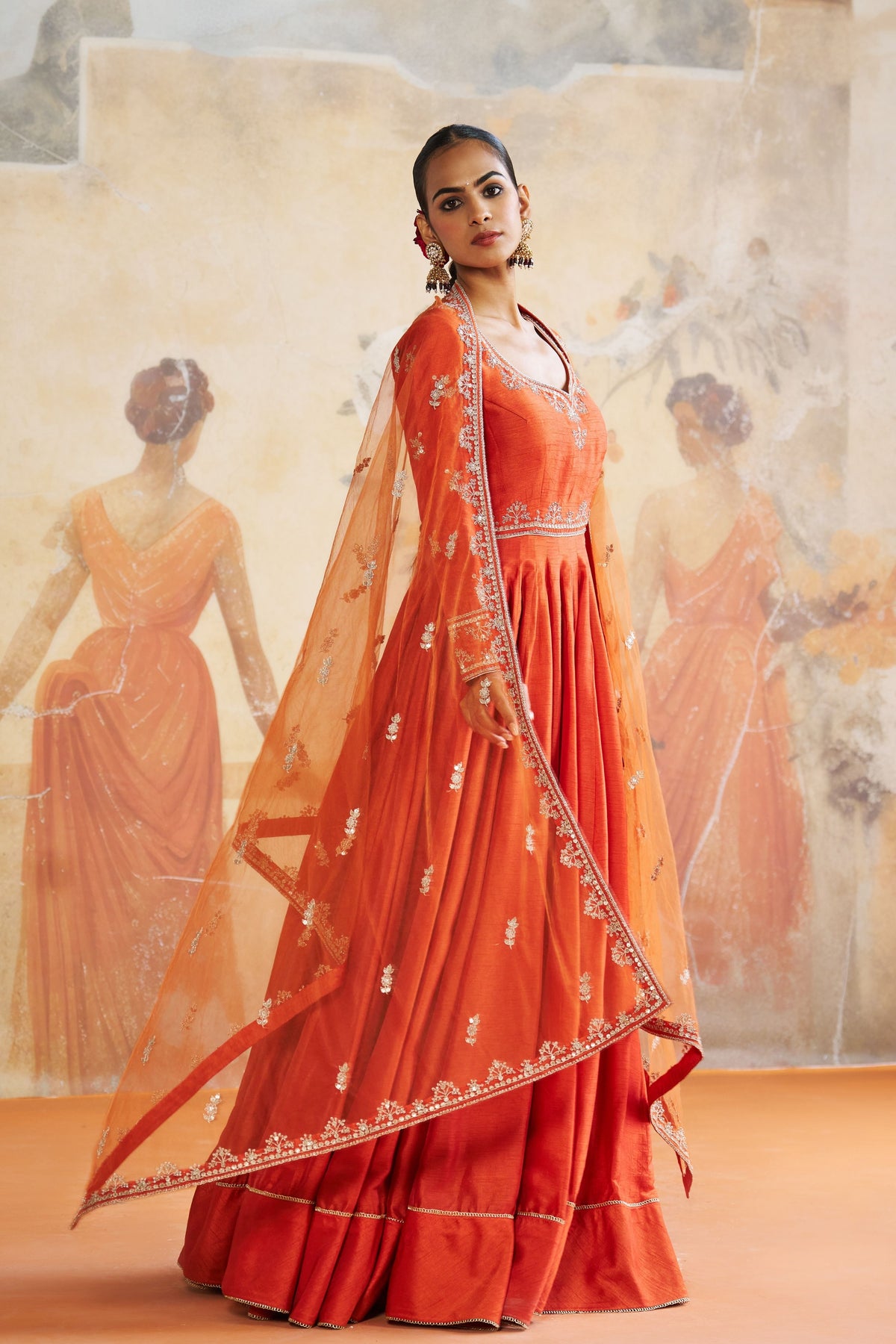 Rust Orange Silk Anarkali Set