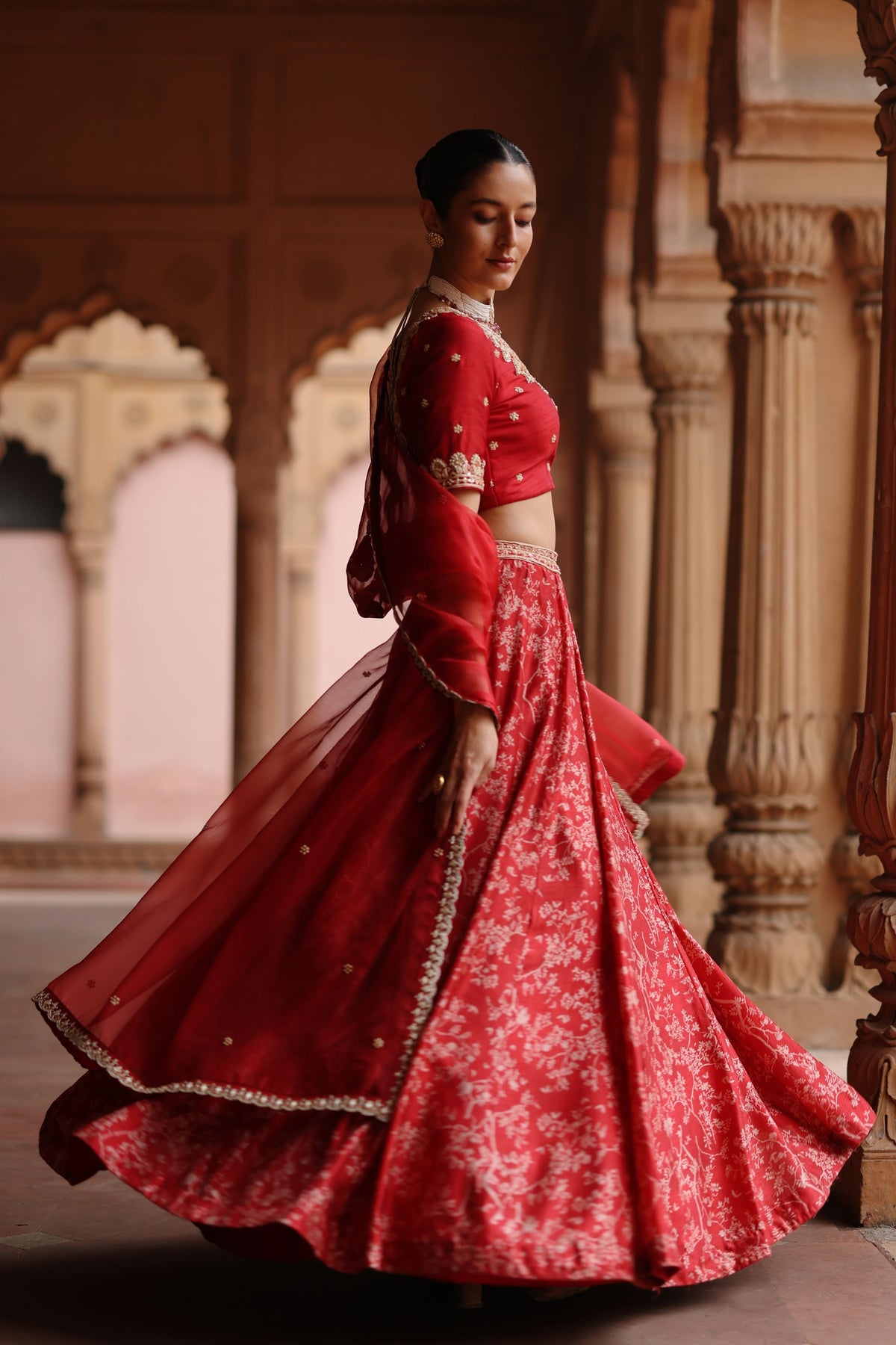 Rose Red Embroidered Lehenga Set