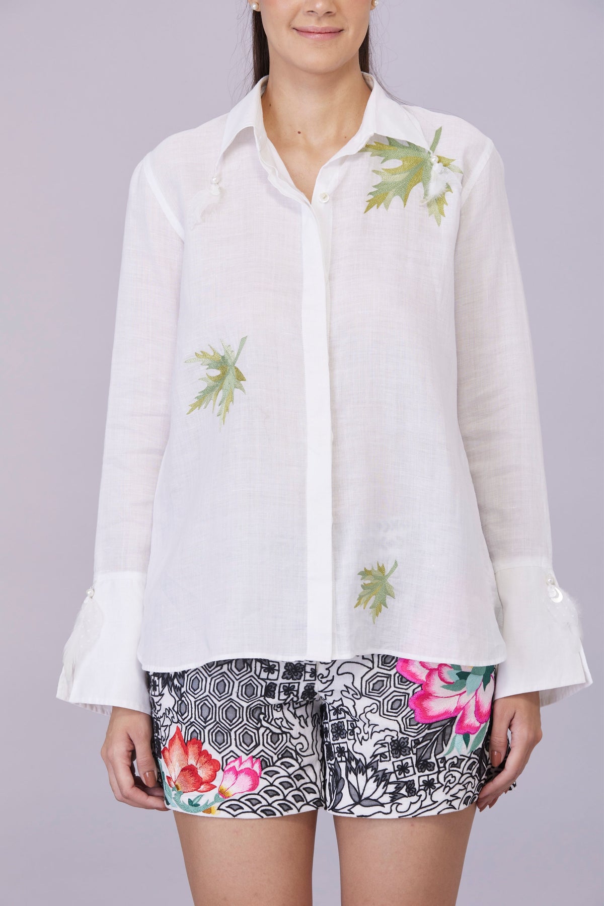 White Falling Leaf Embroidery Shirt