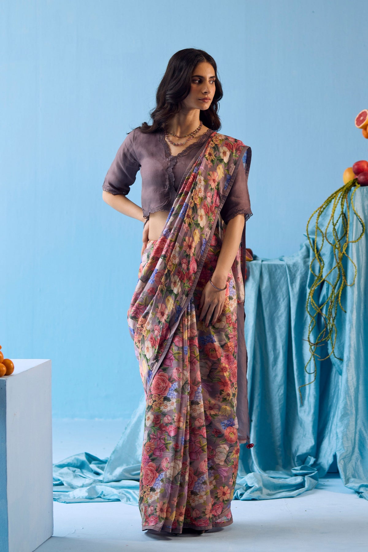 Whimsical Garden Slate Saree