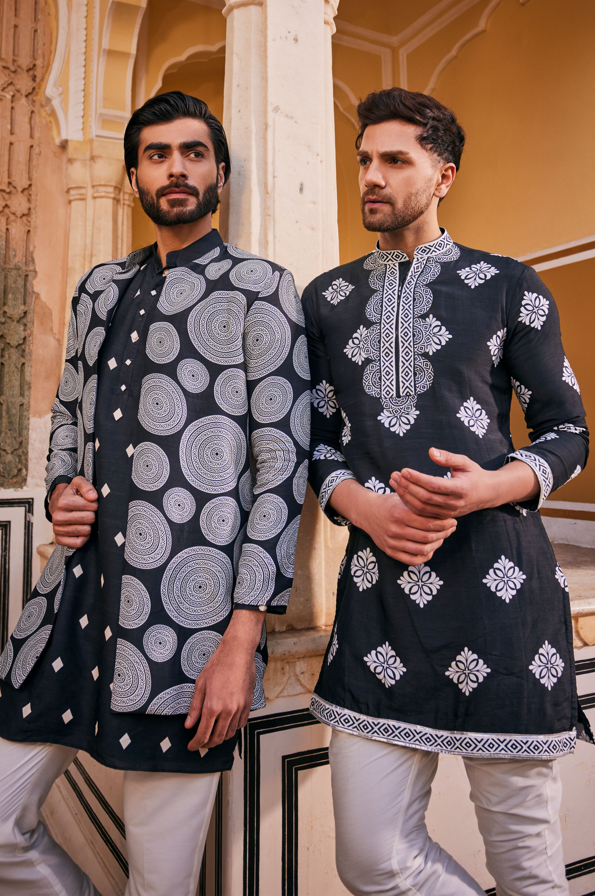 Black Abstract Printed Jacket With Kurta and Pant