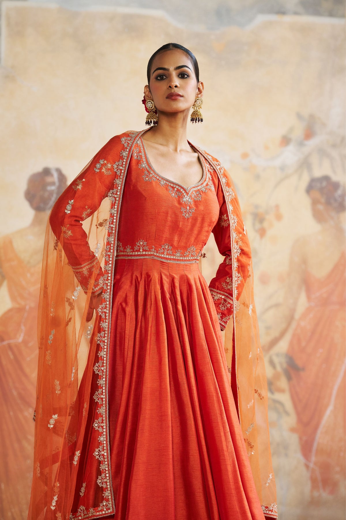 Rust Orange Silk Anarkali Set