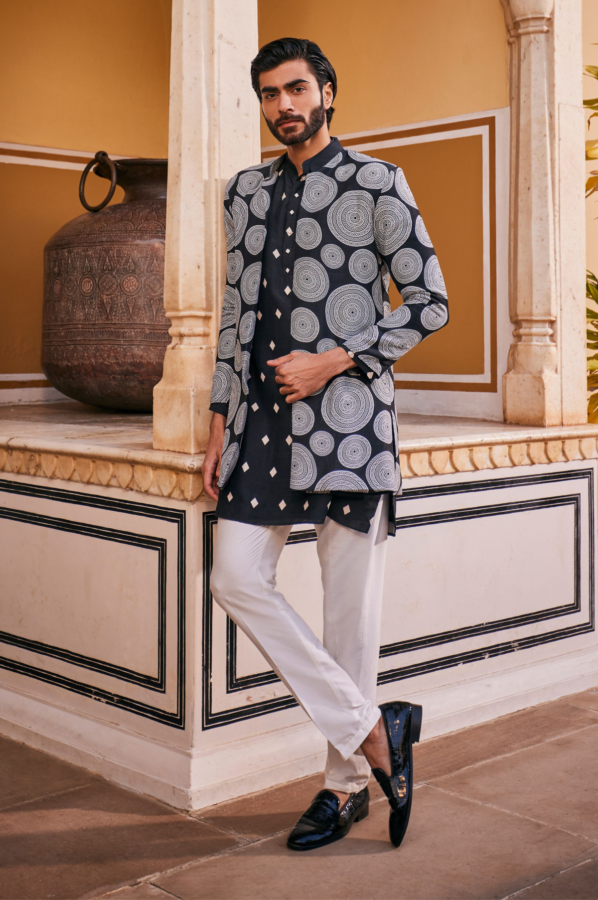 Black Abstract Printed Jacket With Kurta and Pant