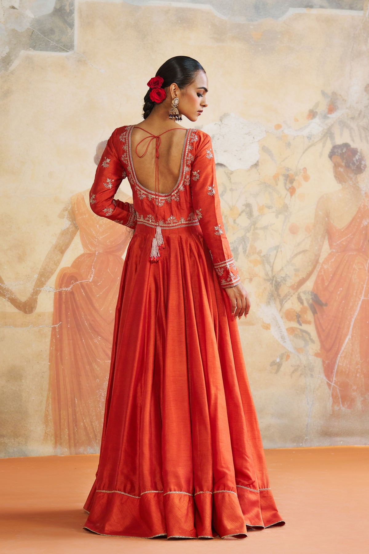 Rust Orange Silk Anarkali Set