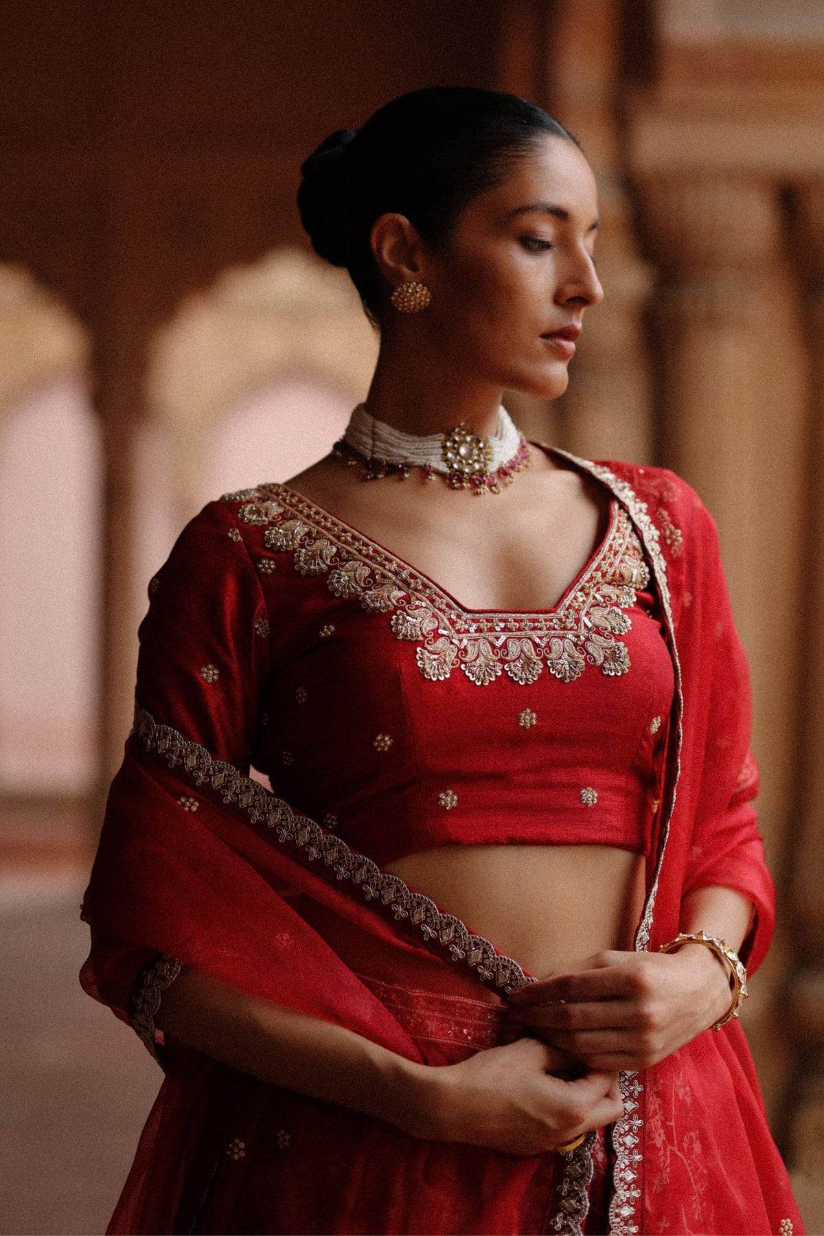 Rose Red Embroidered Lehenga Set