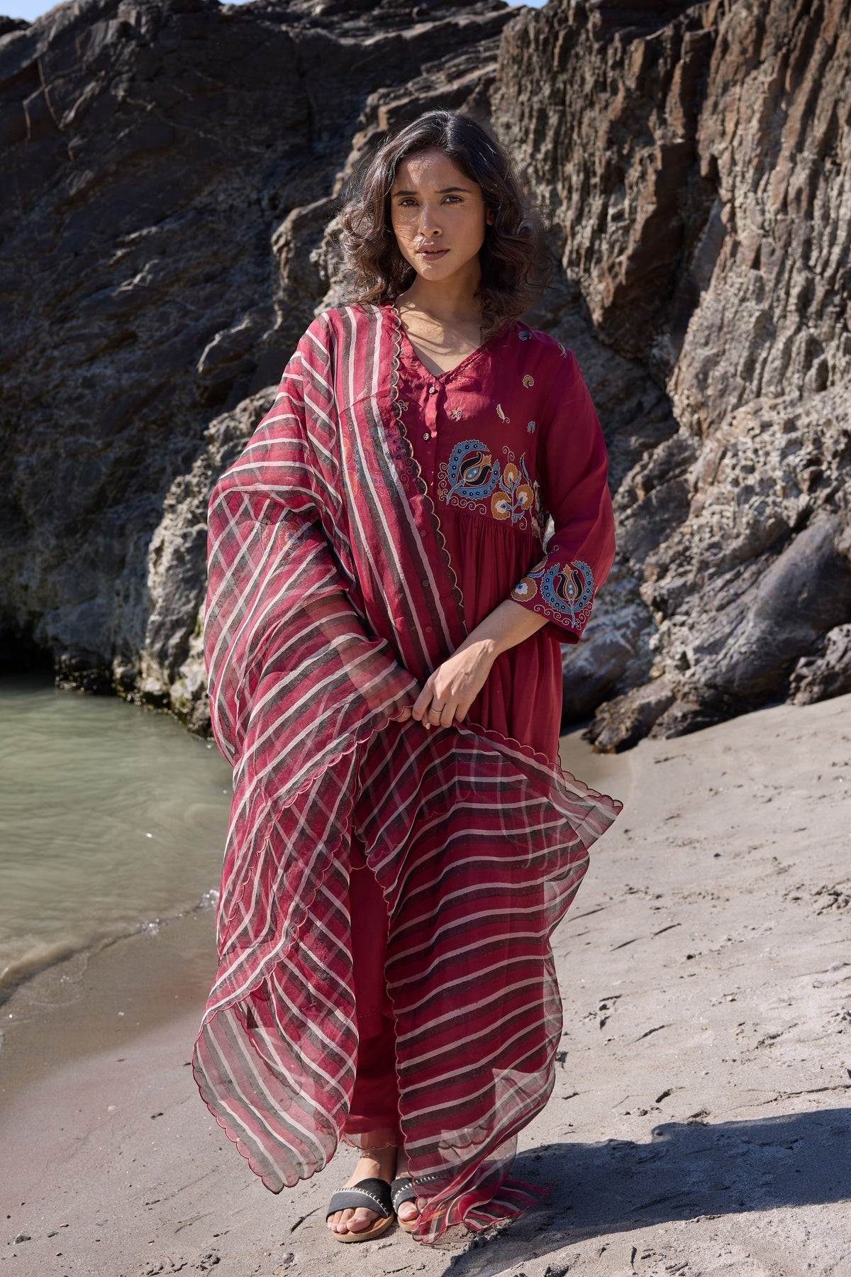 Burgundy Button Down Flared Kurta