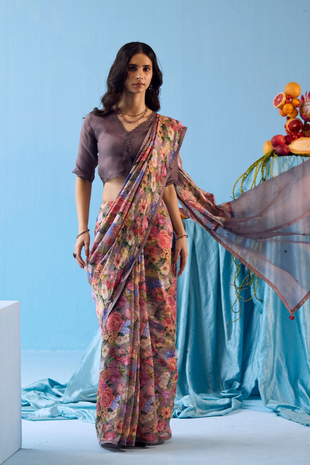 Whimsical Garden Slate Saree