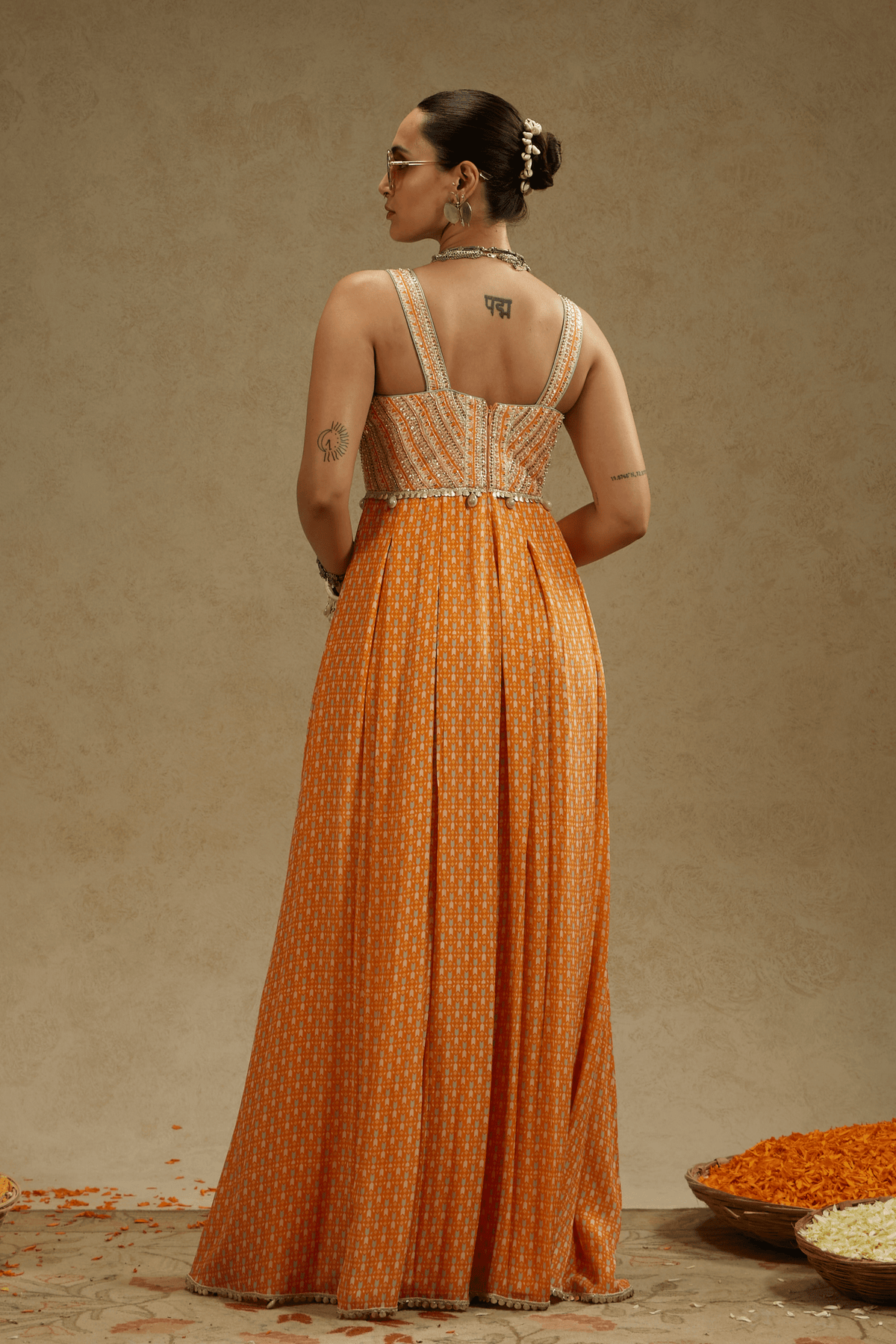 Orange Geo Yoke Embellished Jumpsuit