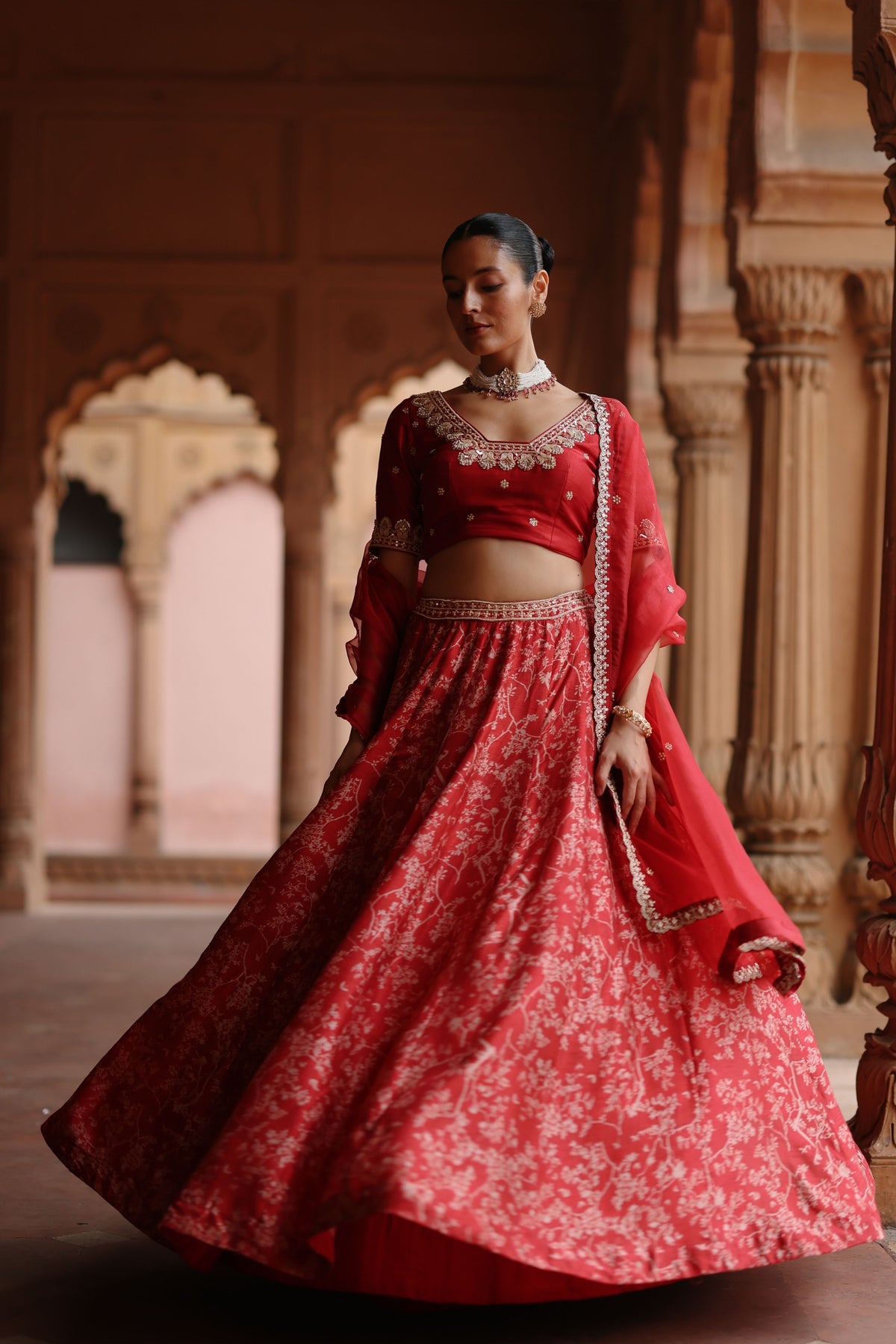 Rose Red Embroidered Lehenga Set