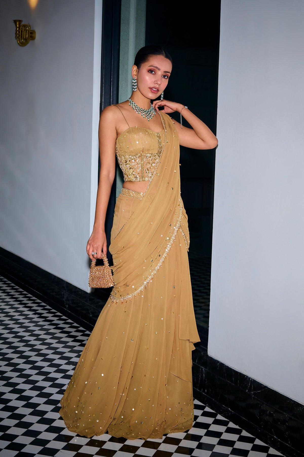 Gold Tiered Saree With Corset