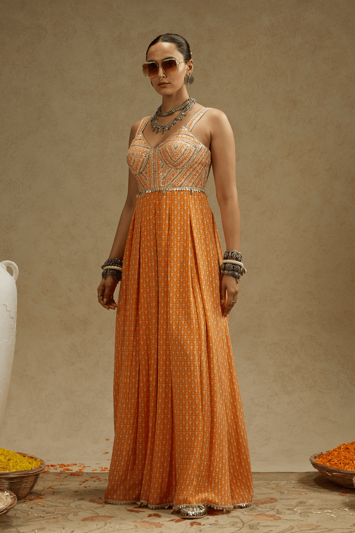 Orange Geo Yoke Embellished Jumpsuit