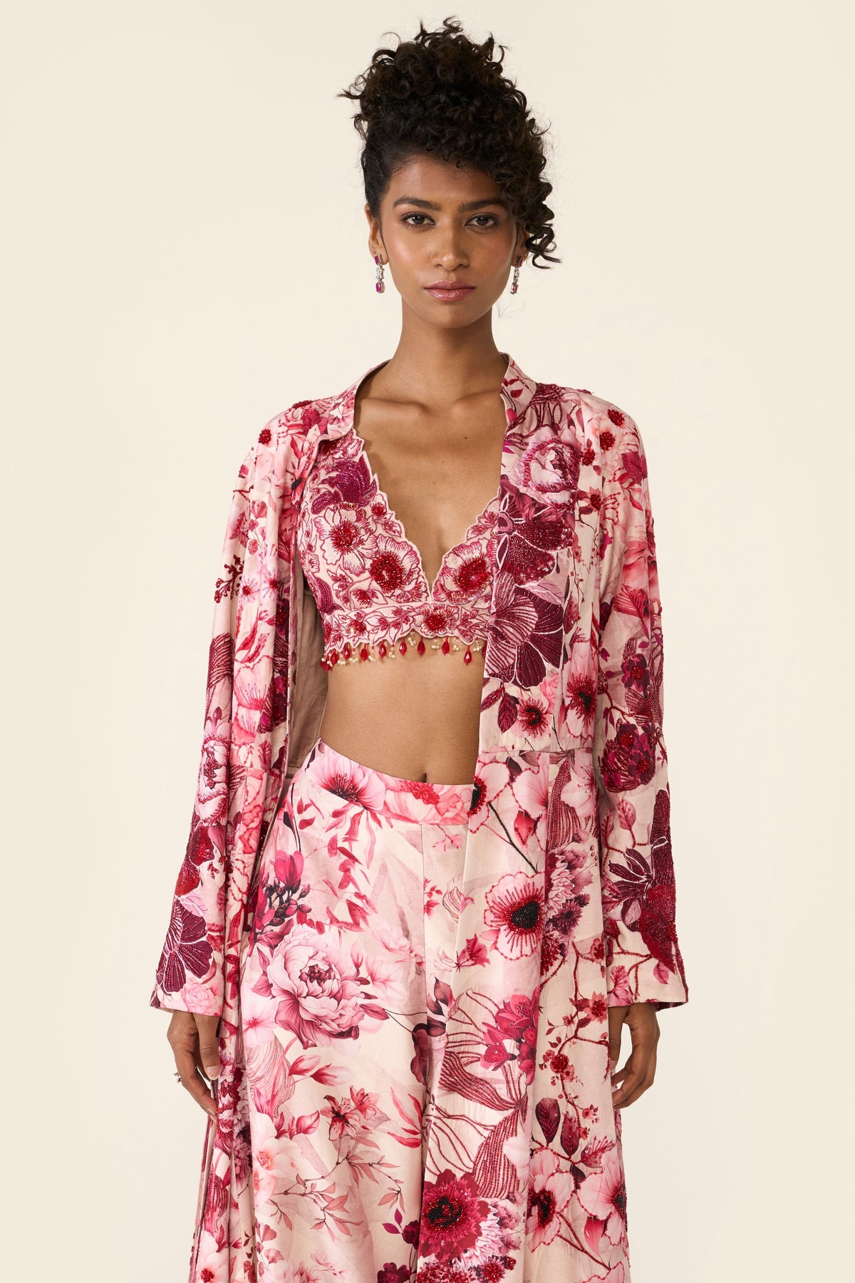 Pink Printed Long Jacket Set