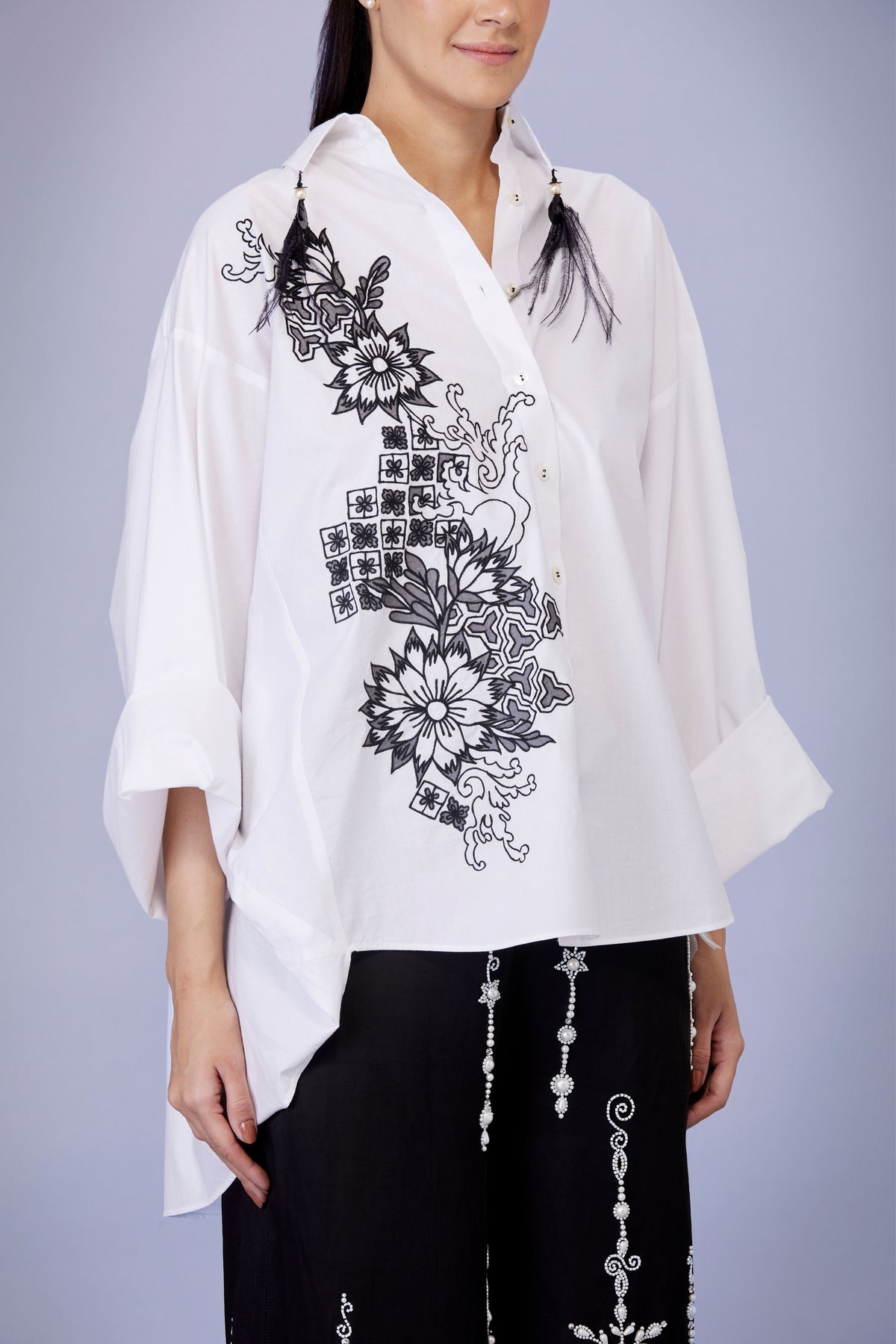 White Cutwork Machine Embroidery Shirt