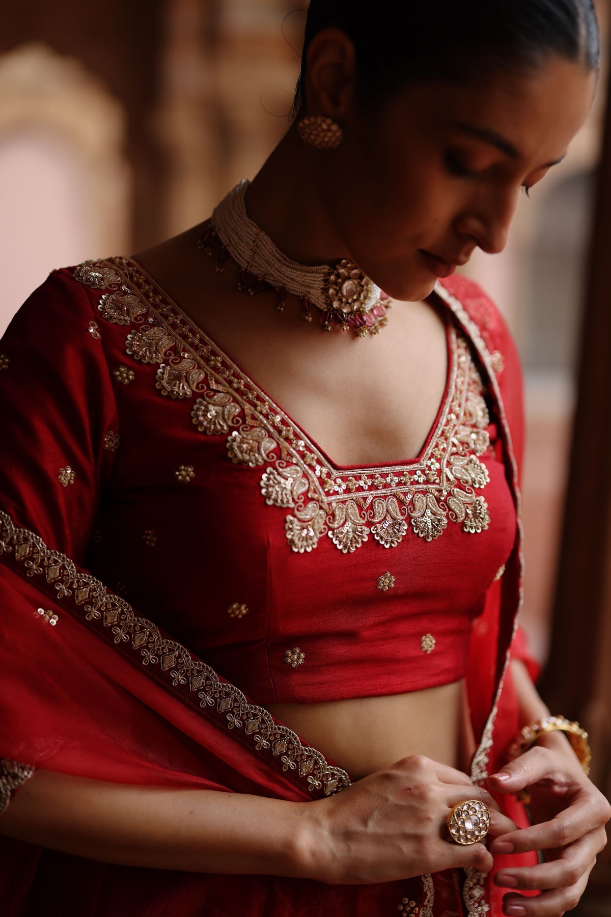 Rose Red Embroidered Lehenga Set