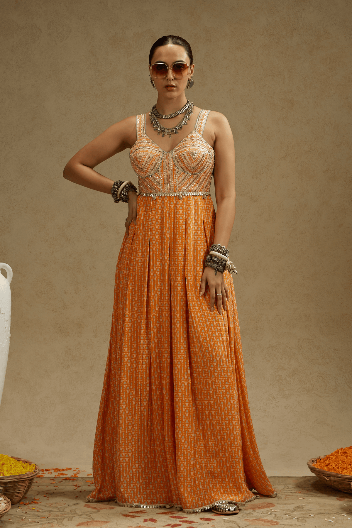 Orange Geo Yoke Embellished Jumpsuit