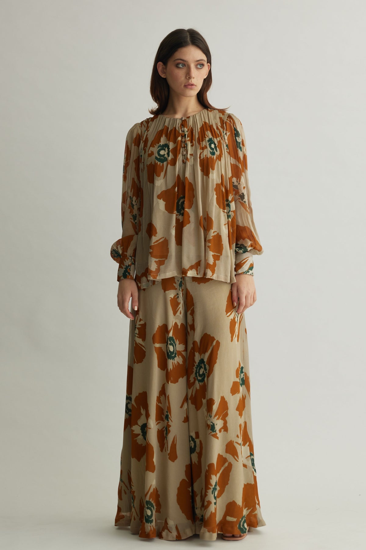 Rust Floral Flared Pants