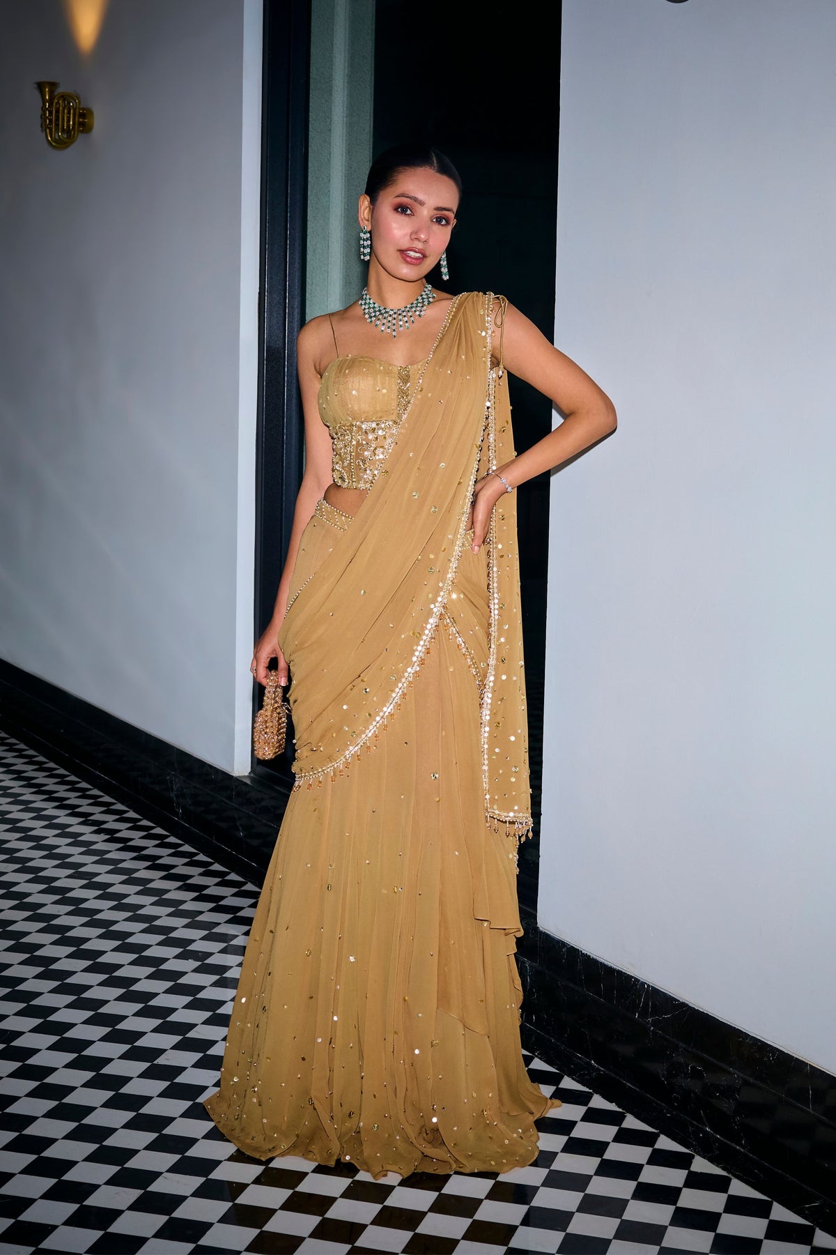 Gold Tiered Saree With Corset