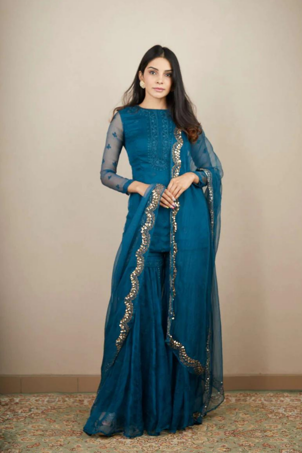 Teal Blue Organza Kurti and Sharara