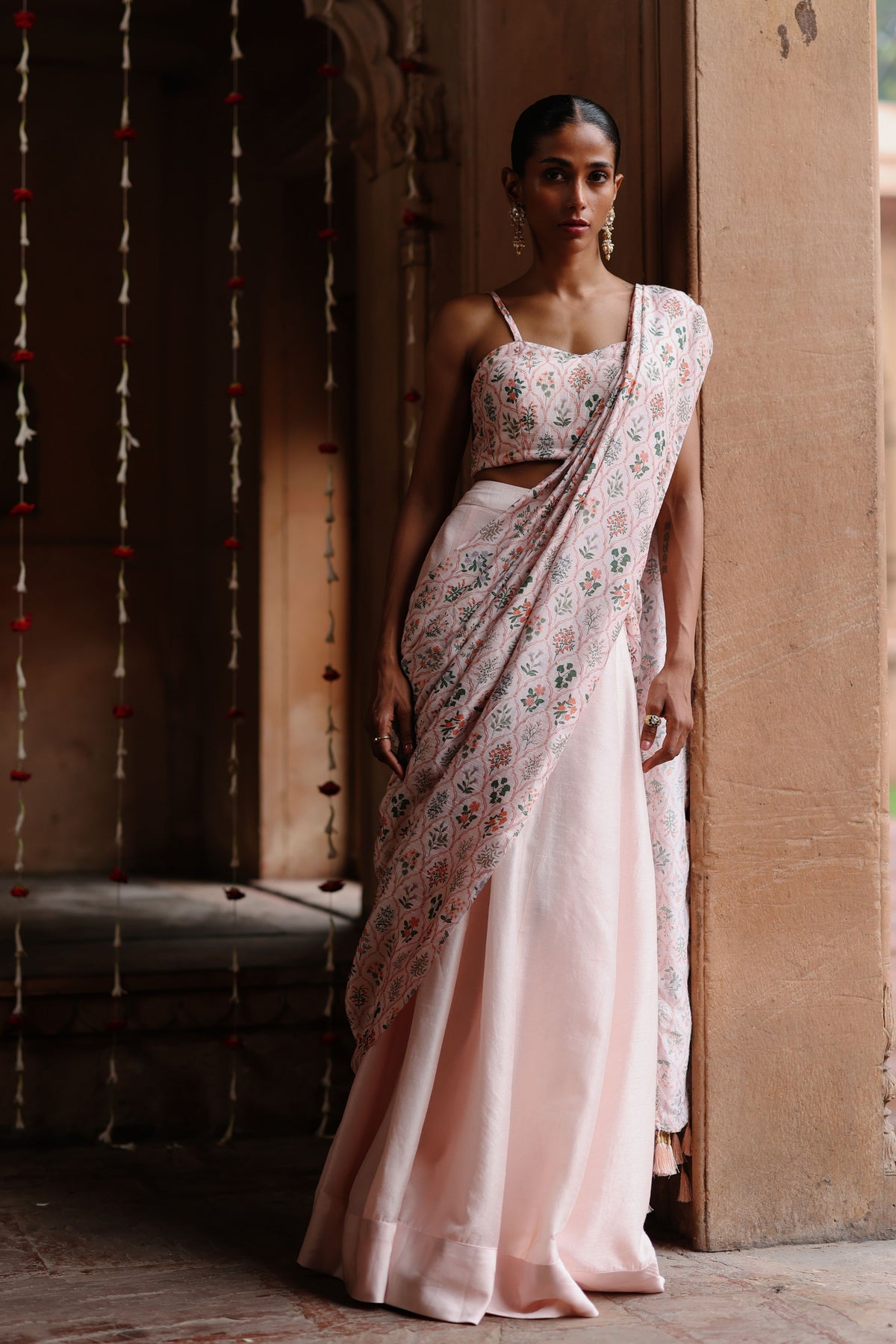 Pastel Pink Drape Saree Set