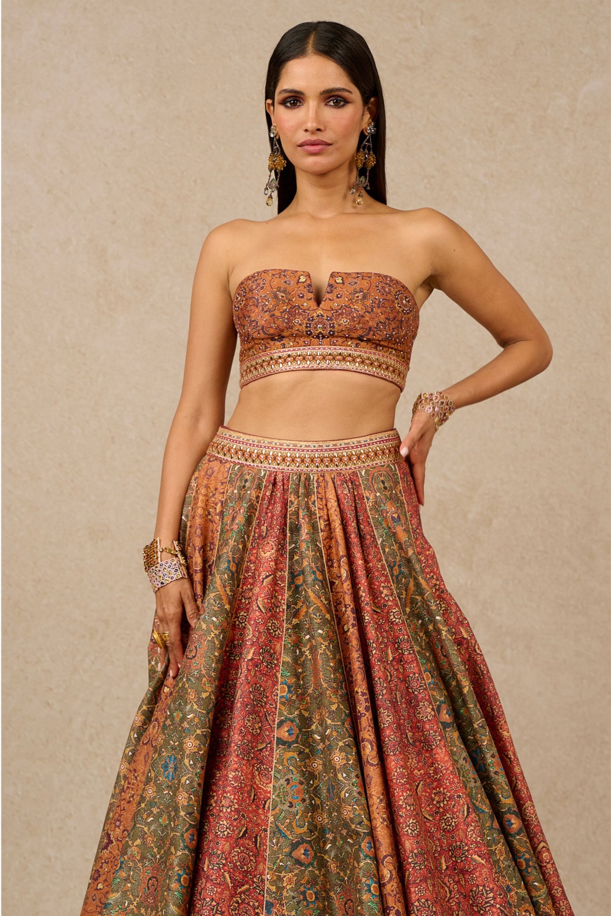 Multicolour Printed Chanderi Bustier Lehenga