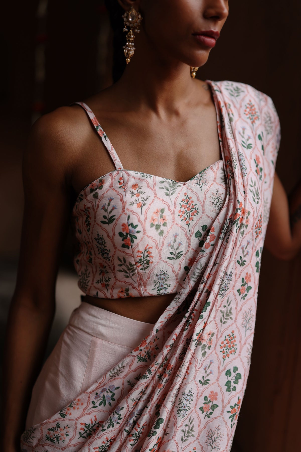 Pastel Pink Drape Saree Set