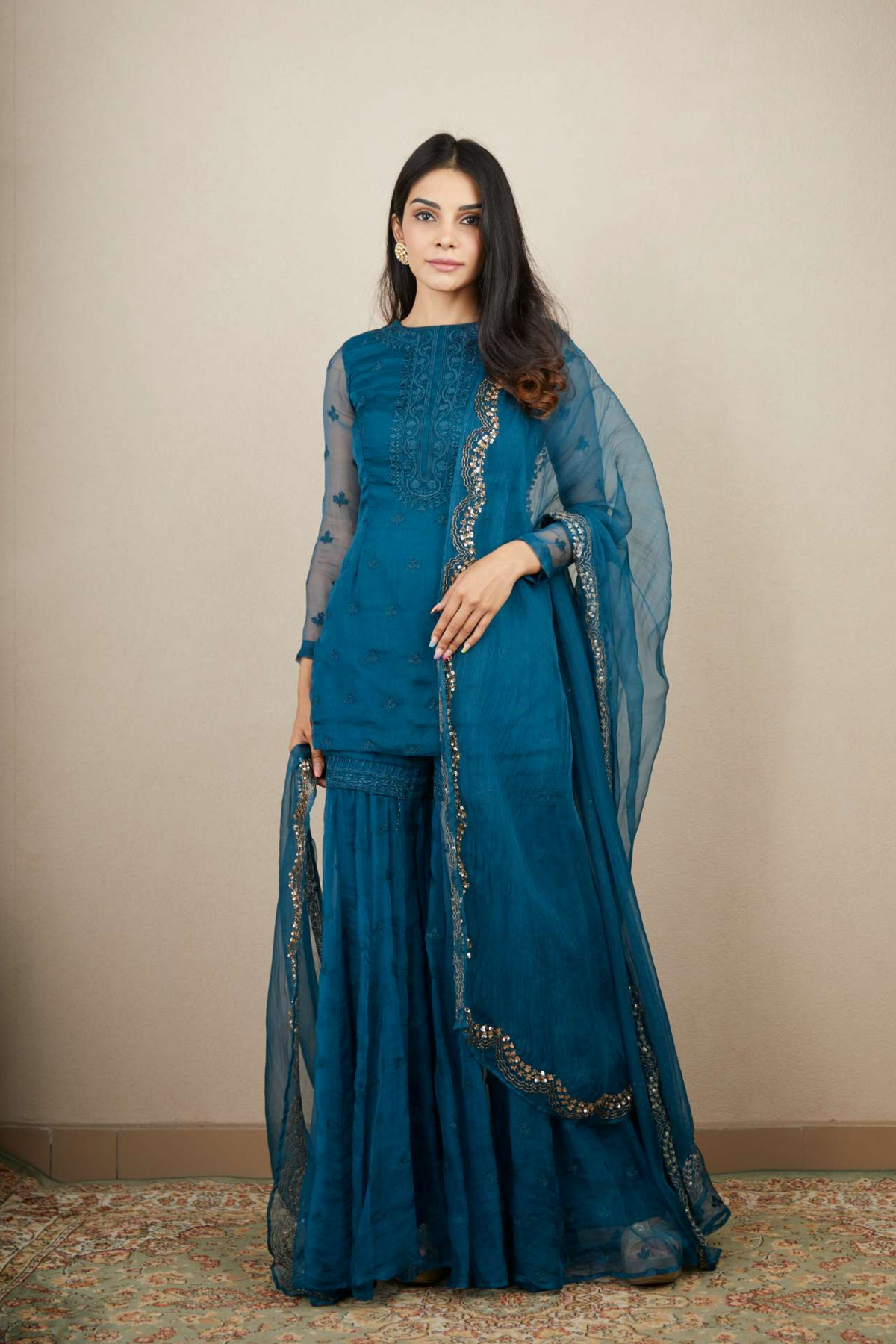 Teal Blue Organza Kurti and Sharara