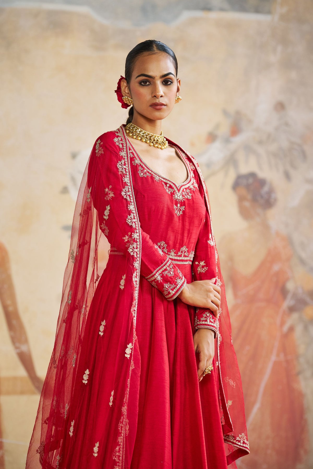 Red Silk Anarkali Set