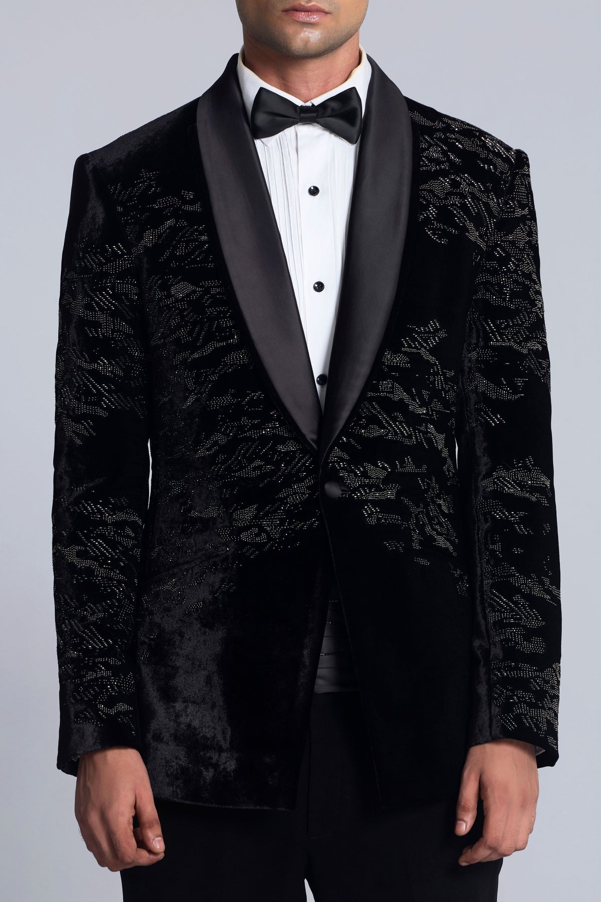 Black Velvet Pearl Embroidered Tuxedo Sets