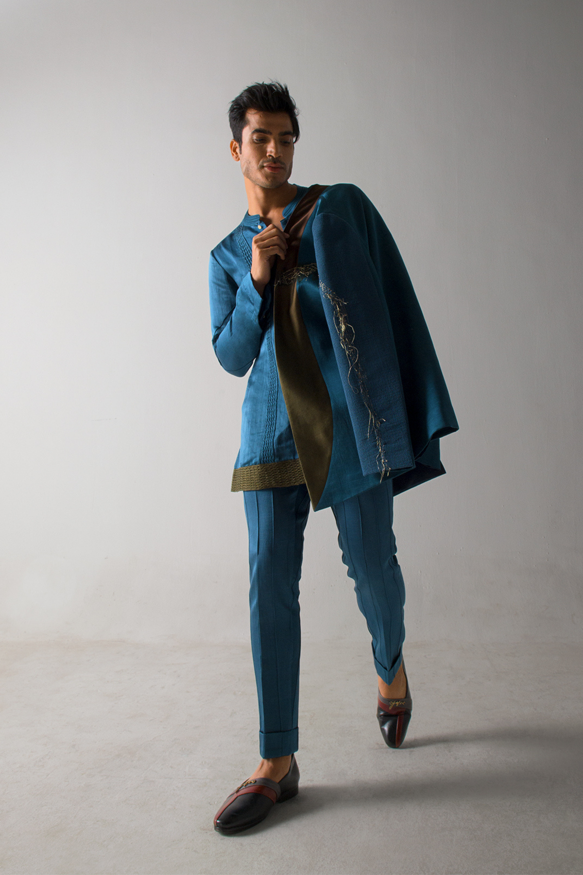 Teal Blue Kurta with Olive Pintuck Hem