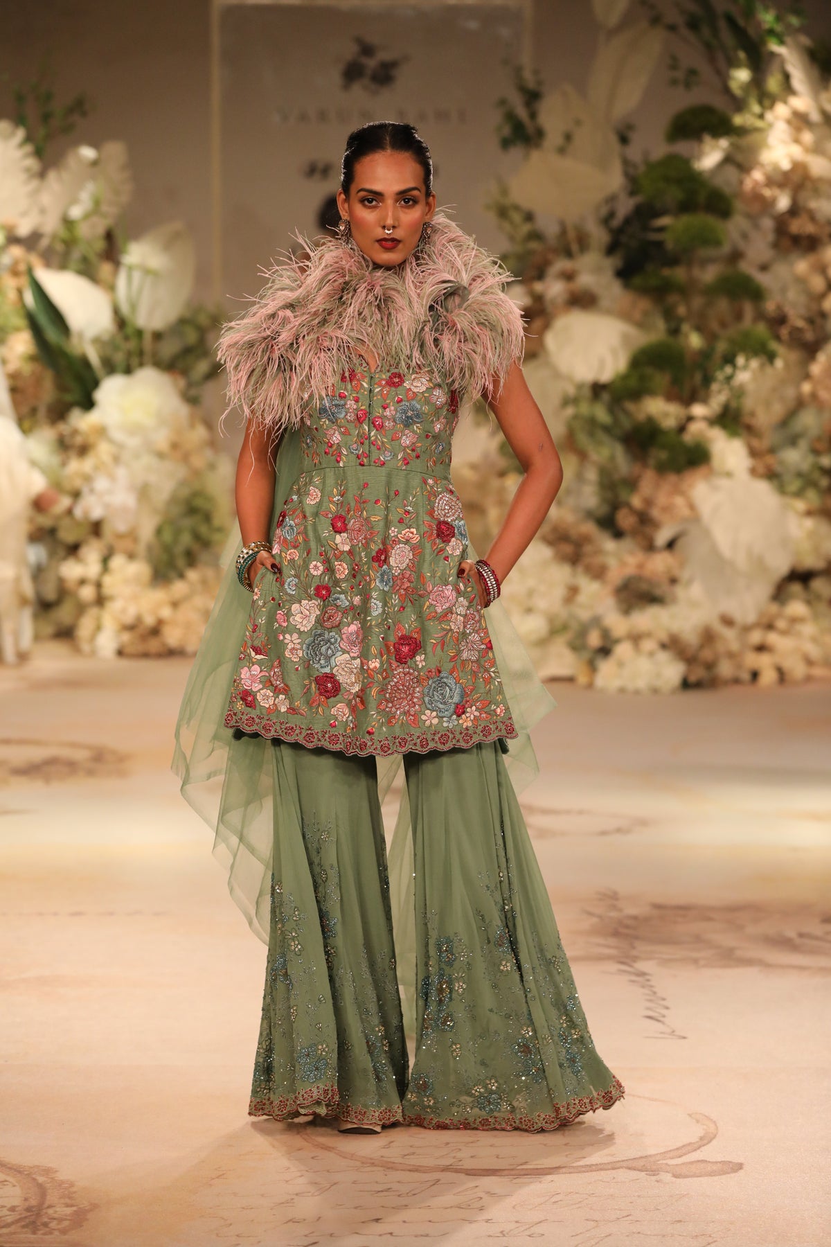 Moss Green Embroidered Sharara Set