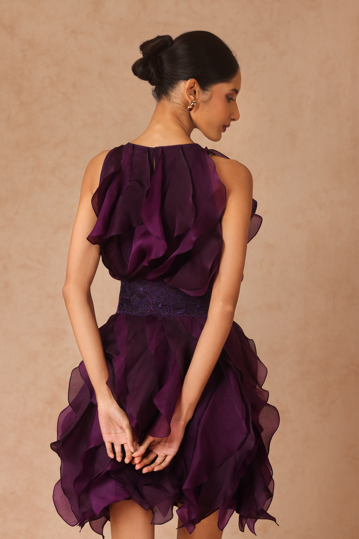 Purple Rosette Ruffle Dress With Belt