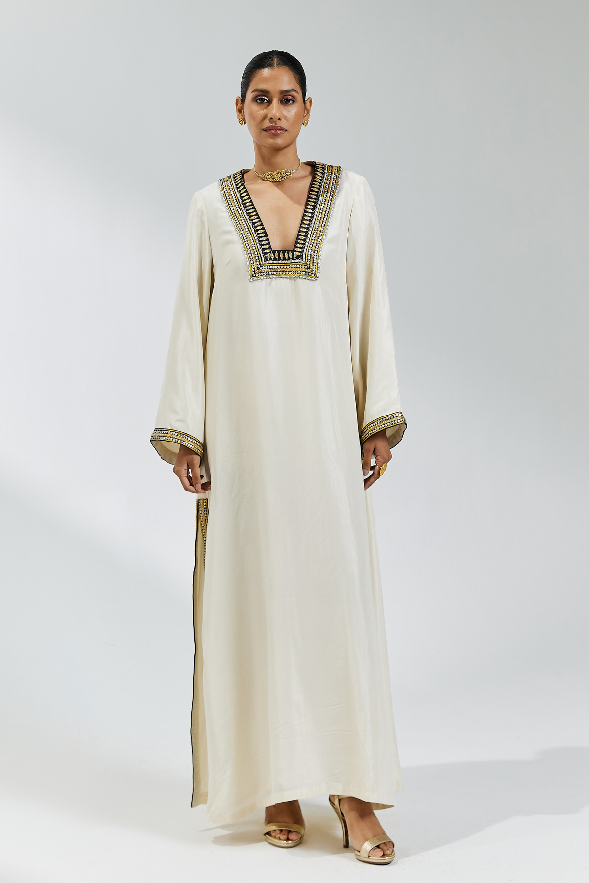 Ivory And Black Silk Kaftan