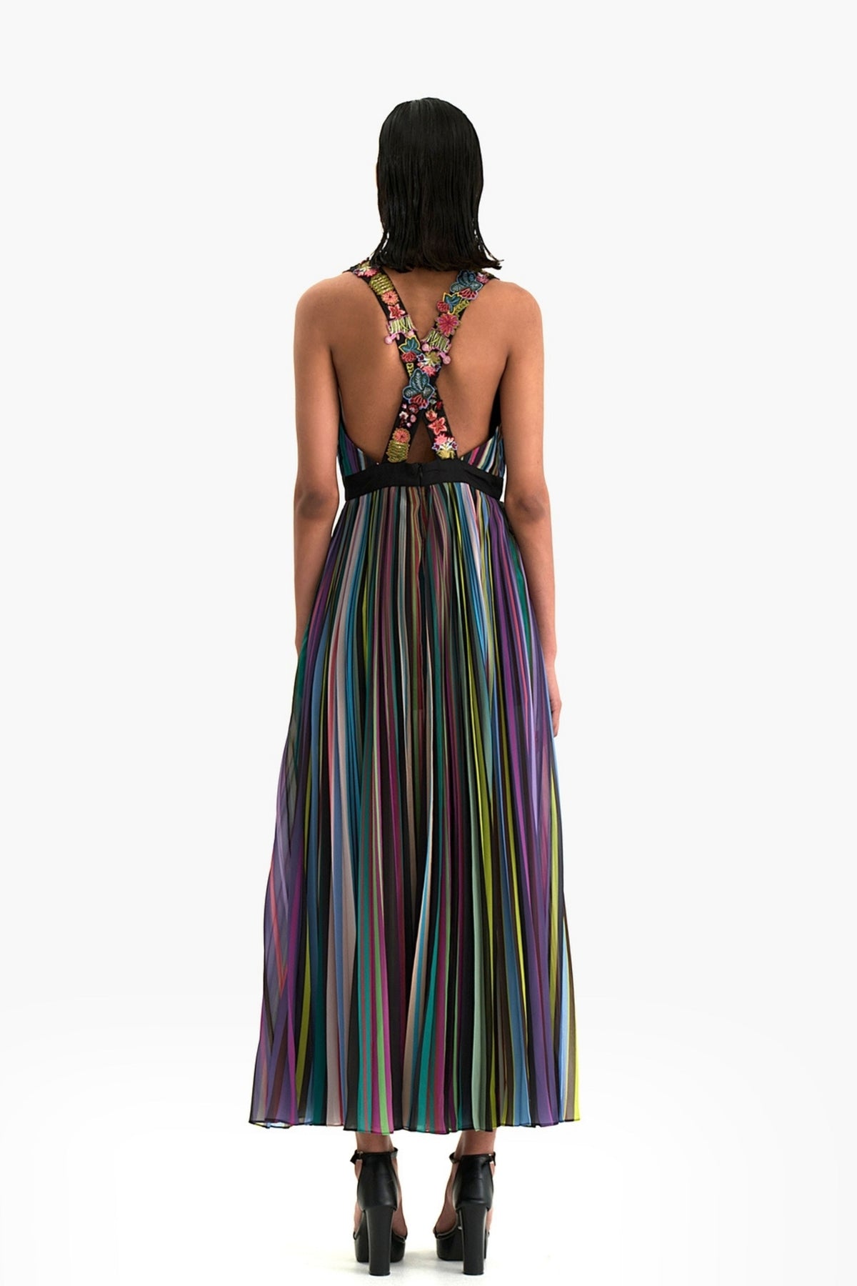 Striped Radial Pleated Maxi Dress