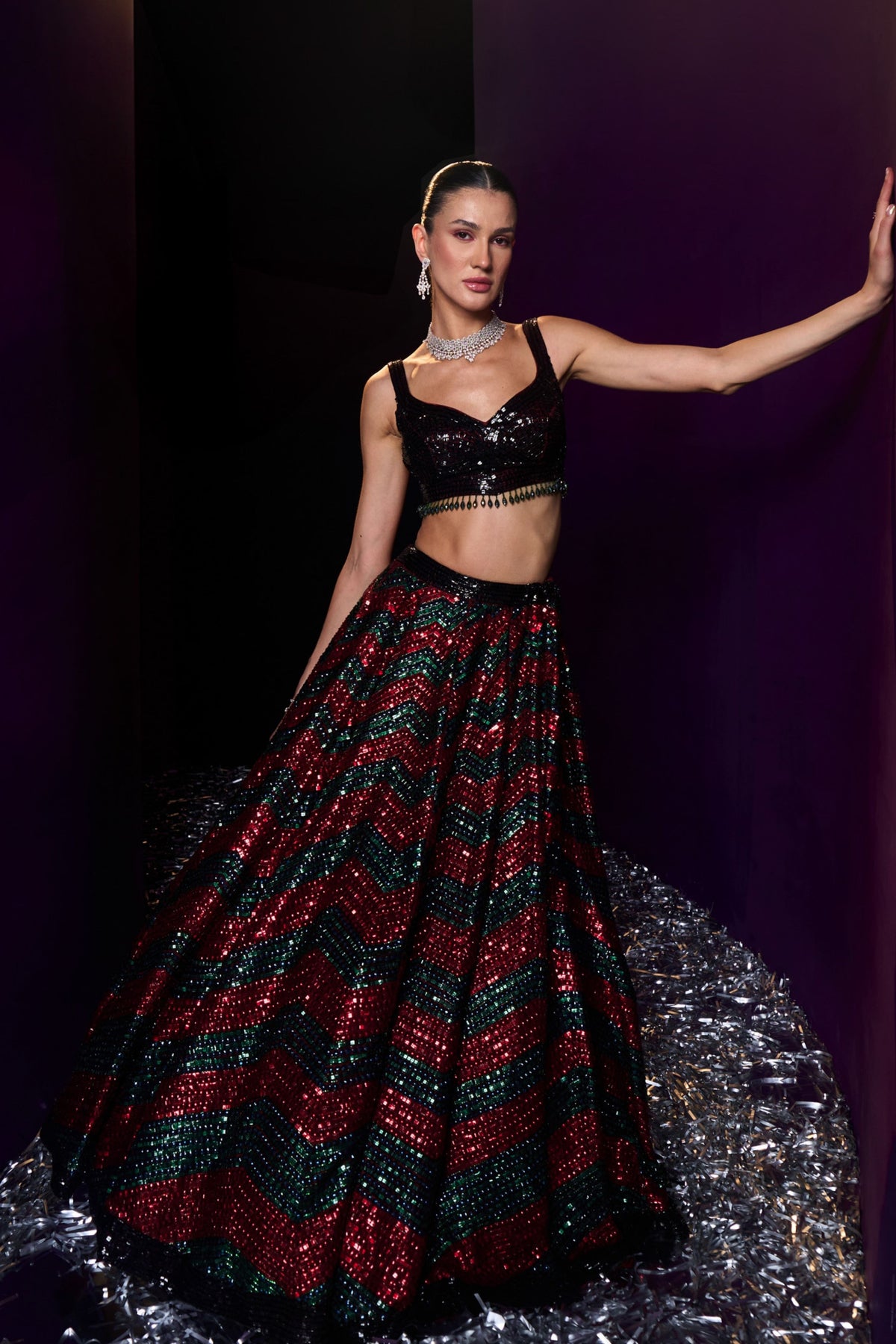 Maroon Organza Embroired Lehenga Set