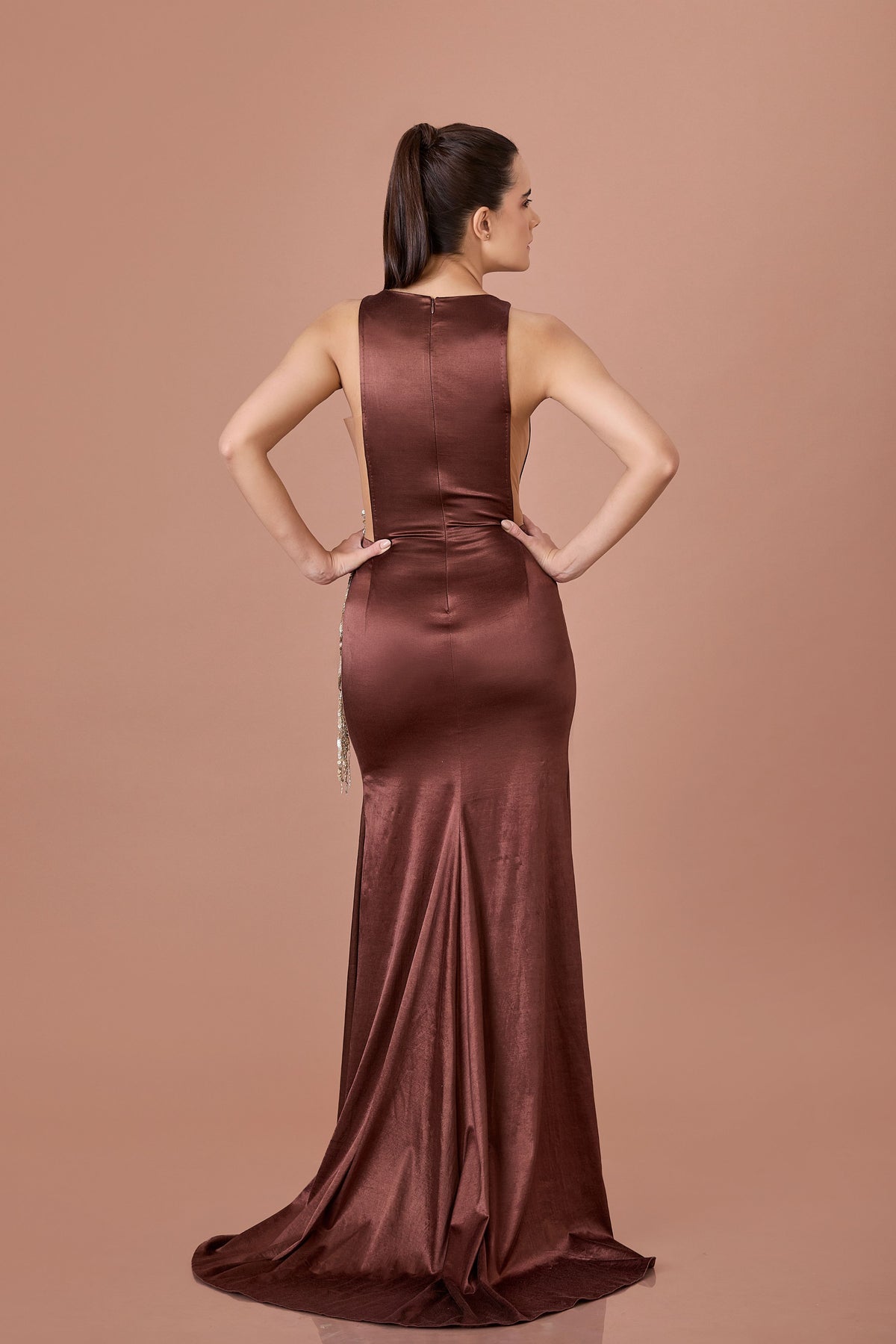 Brown Draped Slit Gown