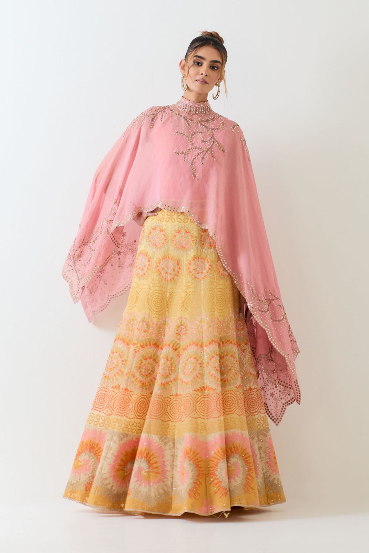 Chanderi Pink Yellow Cape Set