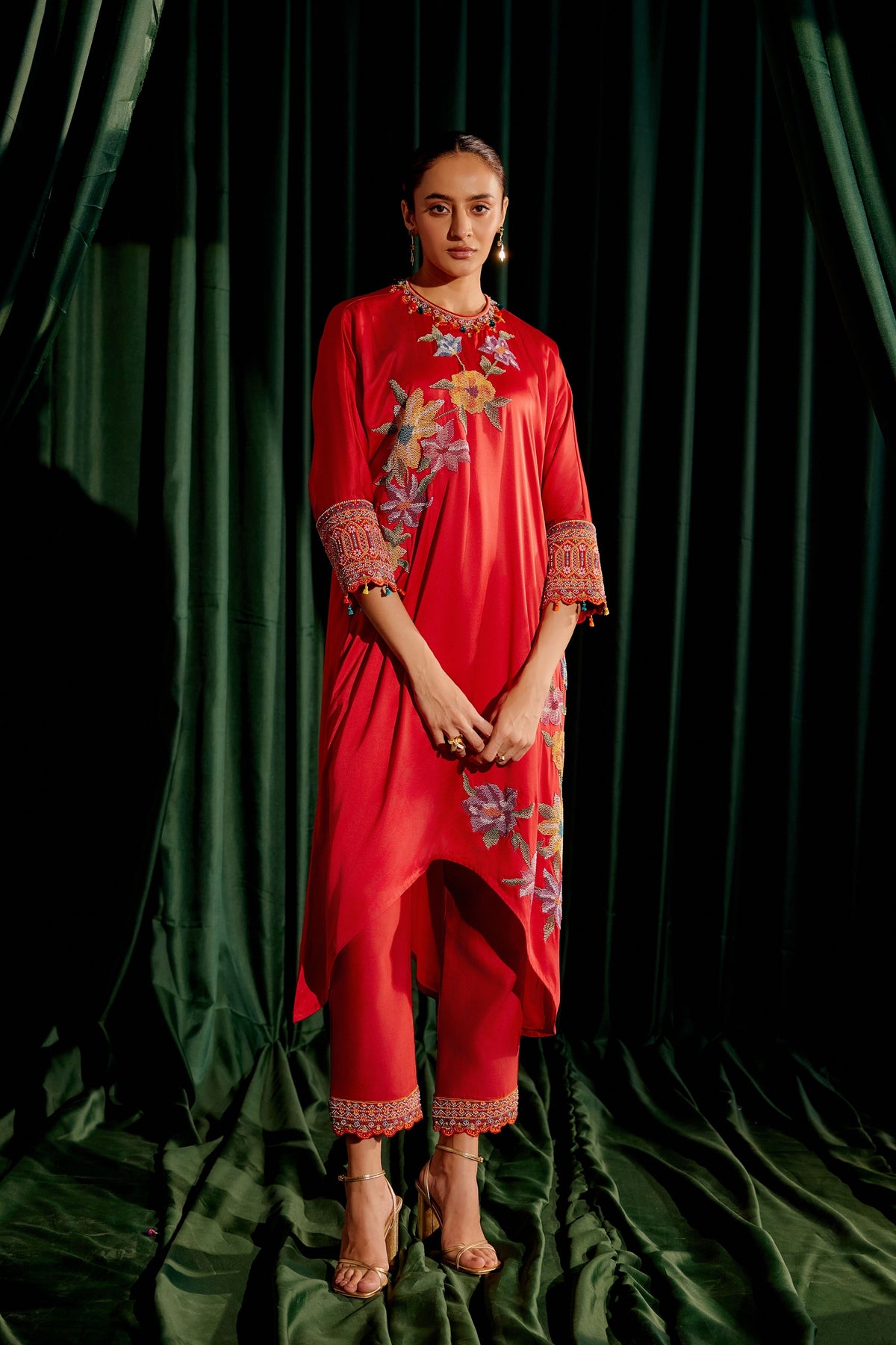 Red Floral Beadwork Kimono Kurta Set