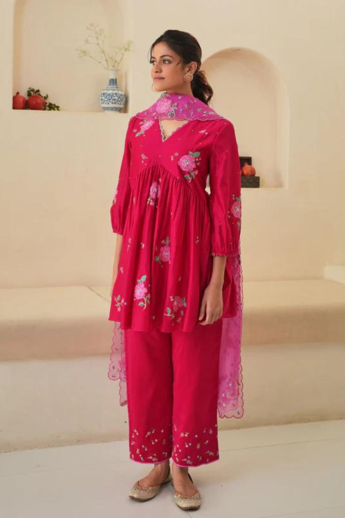 Zia Gathered Short Kurta Set in Red With Dupatta