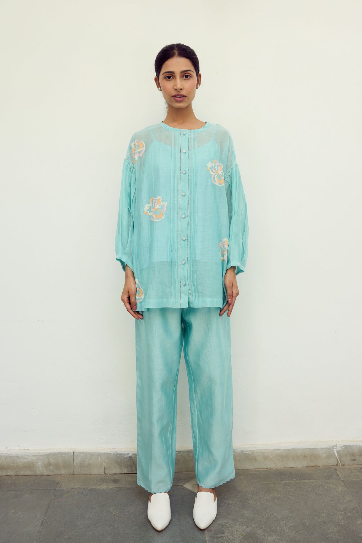 Hand Embroidered Turquoise Chanderi Top