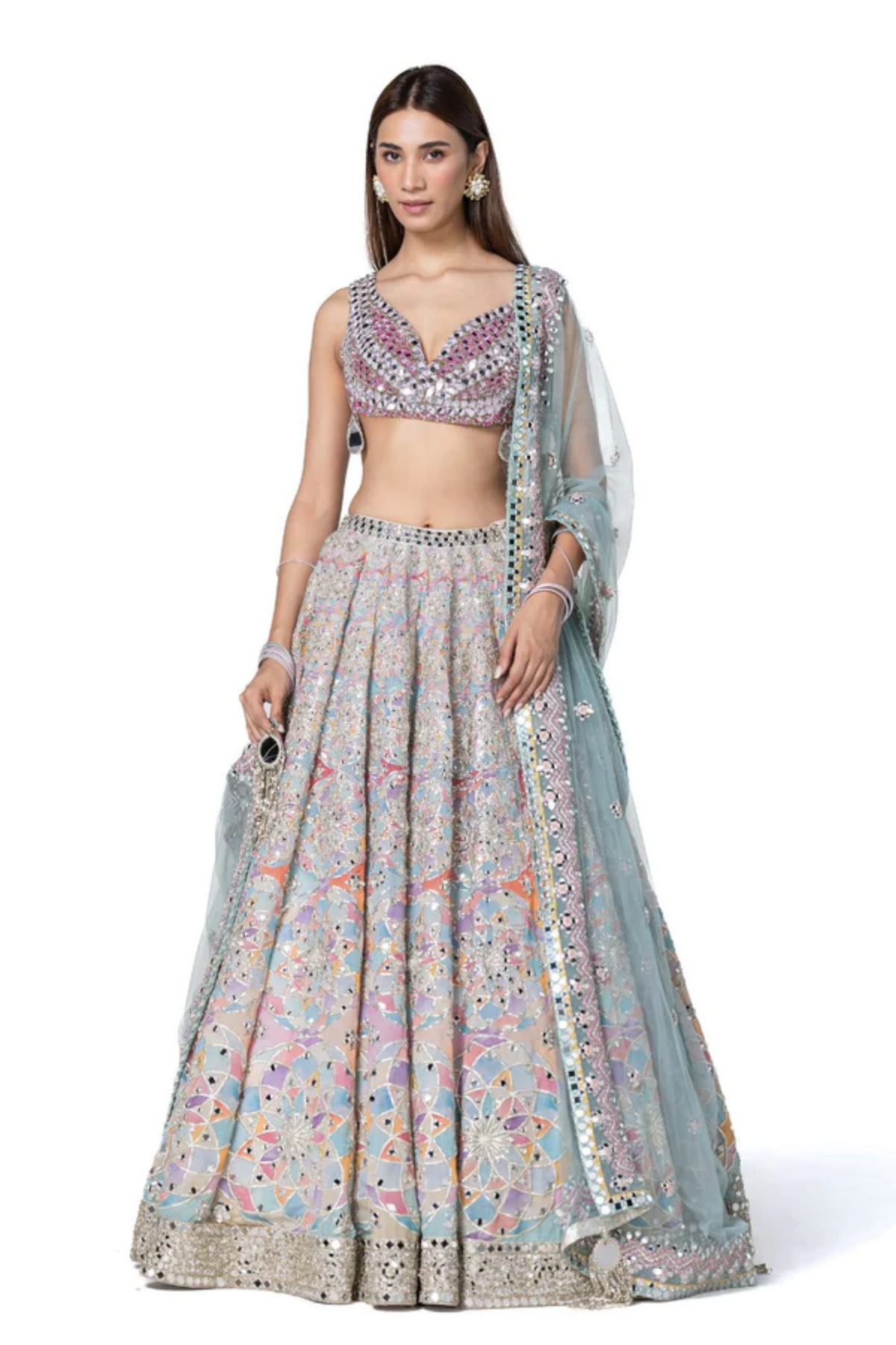 Pastel Shade Hande Embroidred Lehenga Set