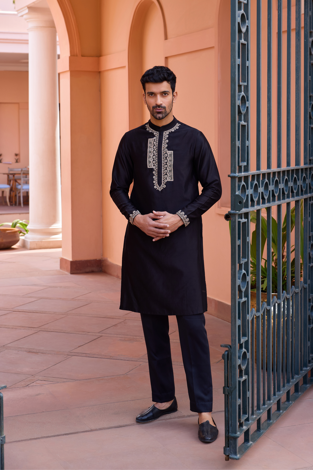 Black dori and hand embroidered silk kurta