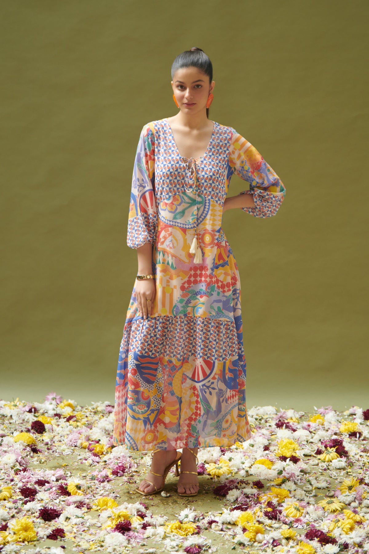 Multicolor Printed Empire-line Long Dress