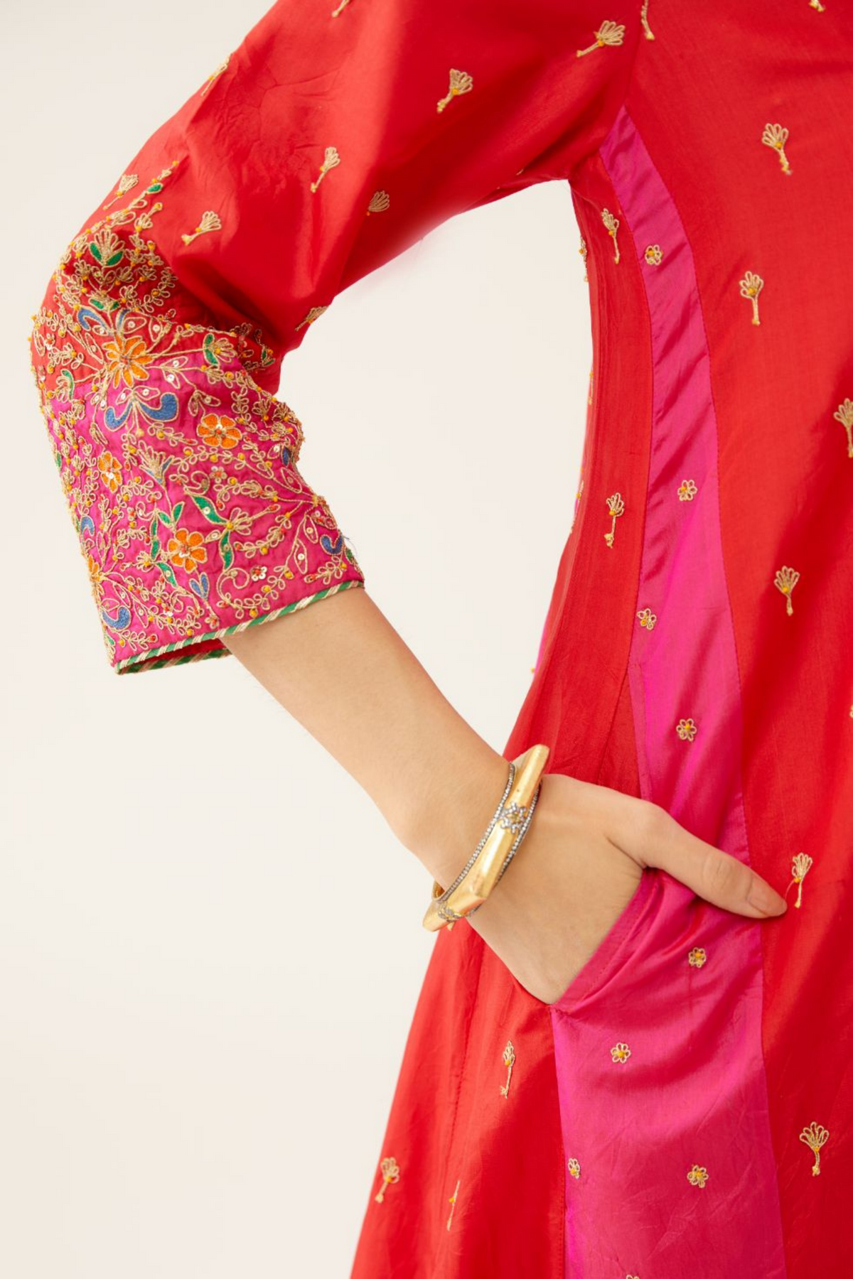 Red &amp; Fuchsia Silk Kalidar Kurta Set