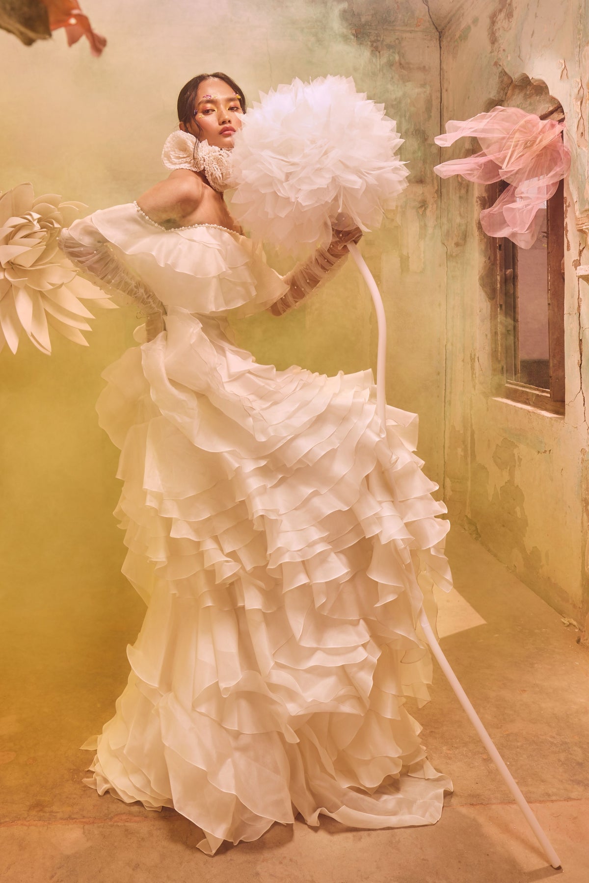 Organza Ruffle Gown With Belt