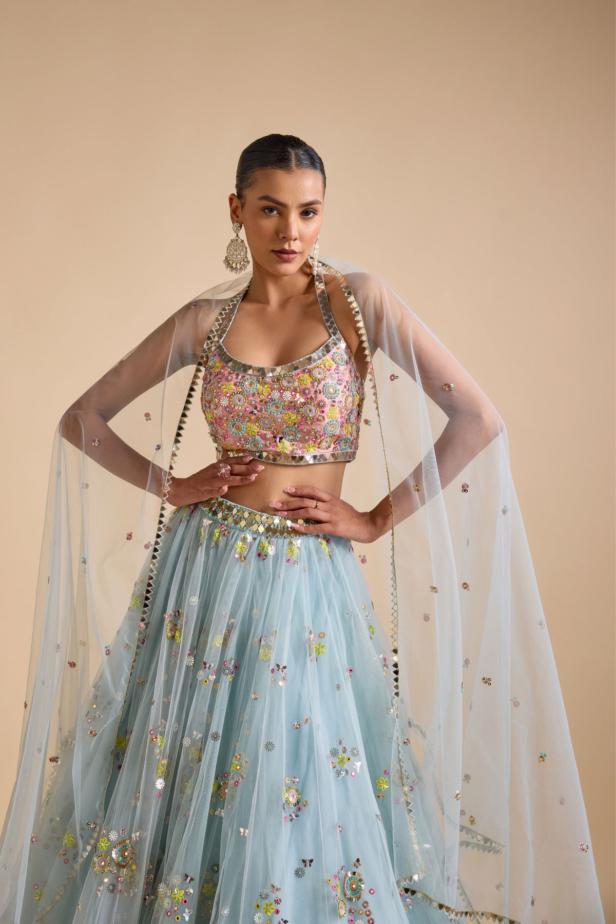 Multicolour Net Lehenga Set