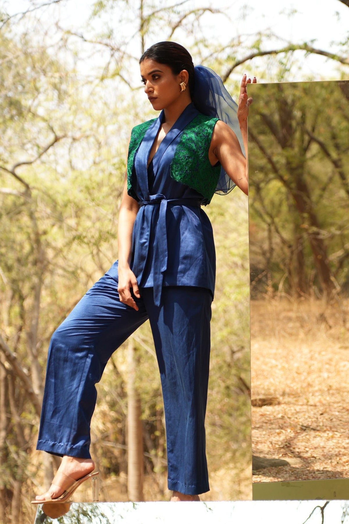 Blue Embroidered Pant Suit